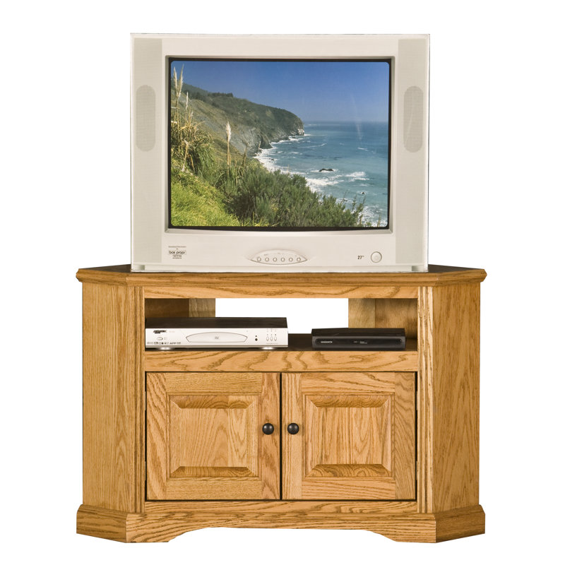 Meuble télé de coin en bois massif pour téléviseur de 43 po ou moins Rafeef, Panneau de bois, Chêne clair moyen