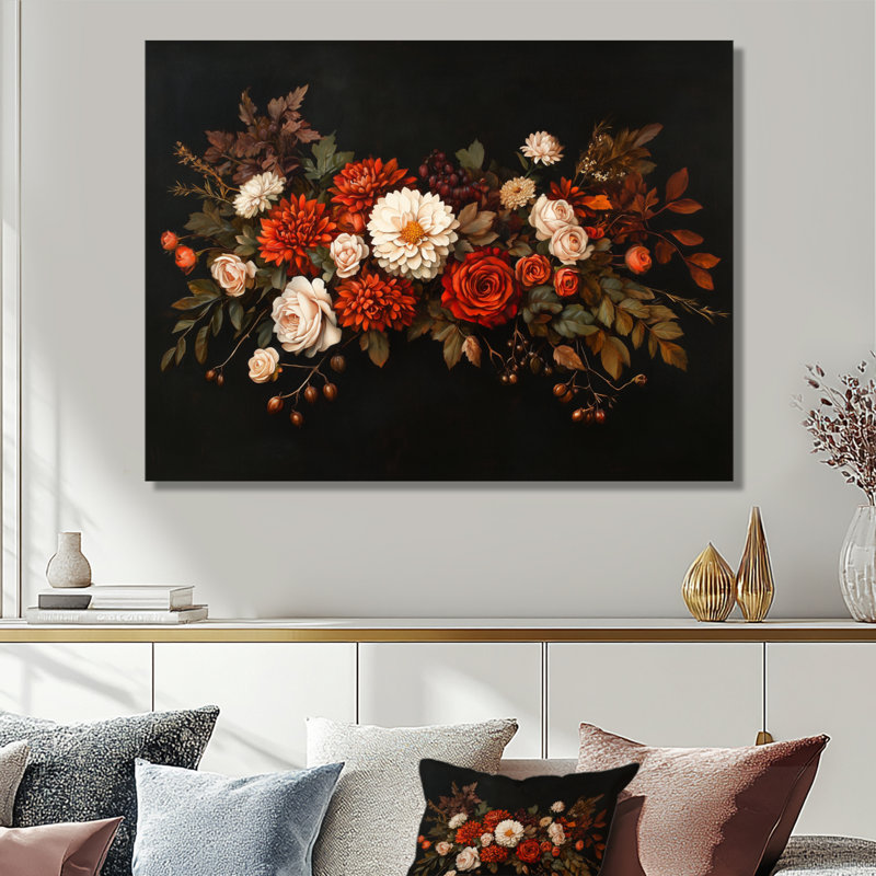 Cascade de fleurs écarlates - Grande décoration murale en métal à motif floral, H 12 po x l 20 po