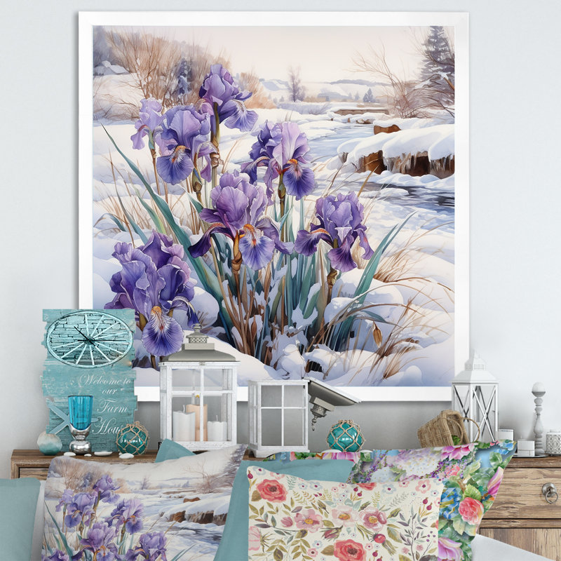 Mauve iris mauve en hiver II sur toile, Cadre simple blanc, H 16 po x l 16 po x P 1 po