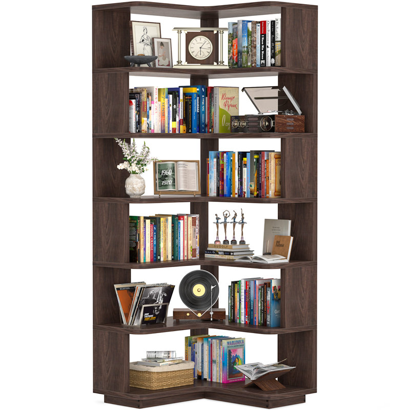 5 Tier Corner Bookshelf Etagere Bookcase With Baffle, Freestanding L Shaped Display Shelf Stand For Home Office, Walnut