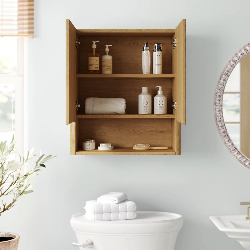 Modern 26" Golden Oak Wall-Mounted Striped Bathroom Cabinet