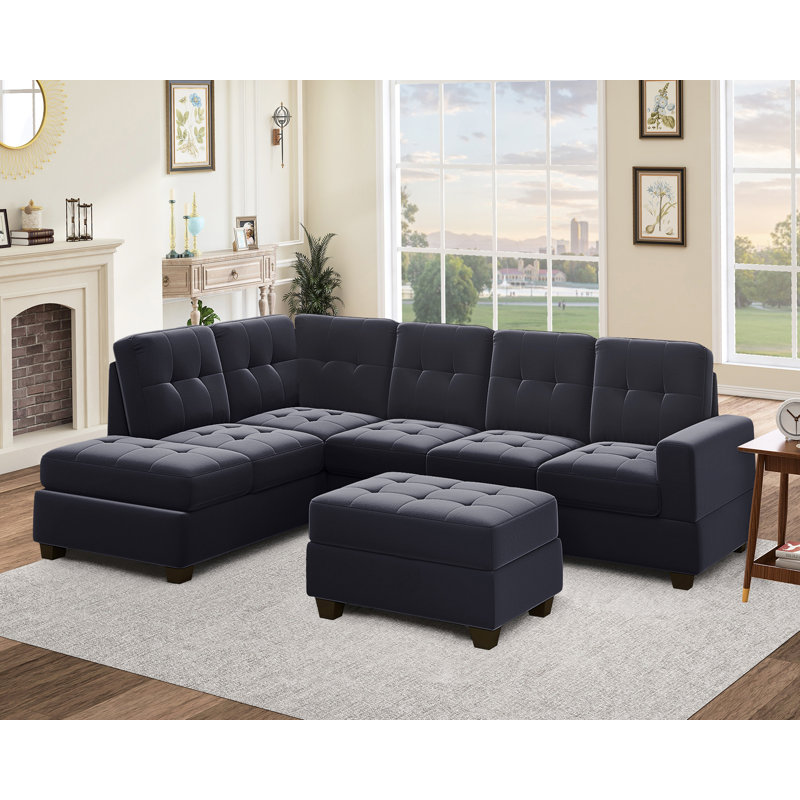 Modern Sectional Sofa With Reversible Chaise, Black Velvet