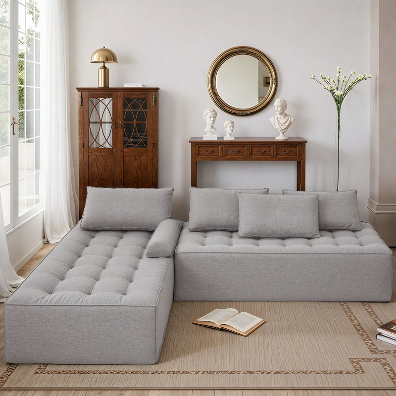 Canapé modulaire gris à profil bas de 116 po, siège en forme de L en mousse à nuage profond avec méridienne, sans assemblage pour le salon