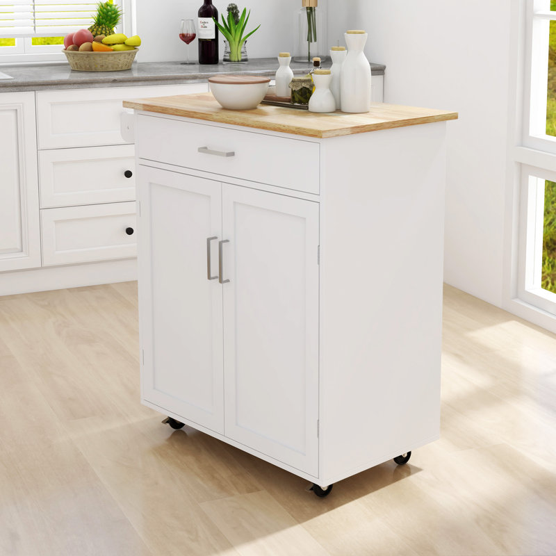 Îlot de cuisine avec chariot à roulettes avec tablettes réglables et plateau à serviettes en bois d'hévéa (sans tabouret inclus)
