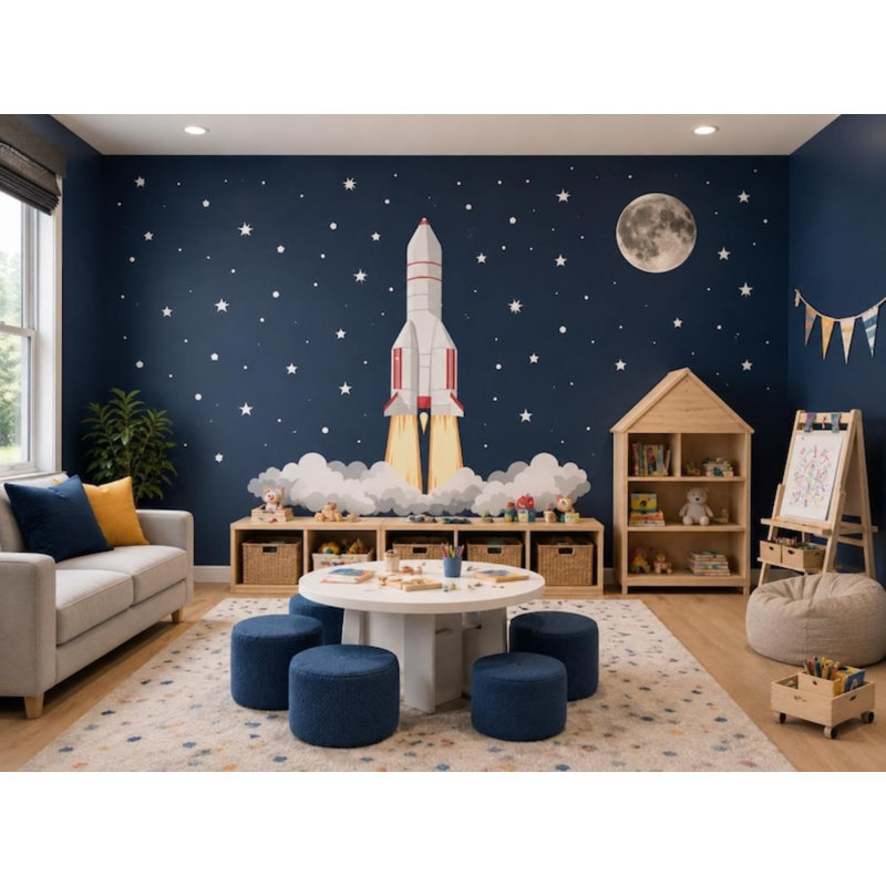 Adhésif décoratif grande fusée avec lune et étoiles, 66 pouces de haut, Large (30" W x 66" H)
