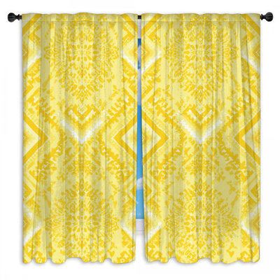 Yellow Ornate Pattern Window Curtains Ikat Sheer & Room Darkening - 2 Panels
