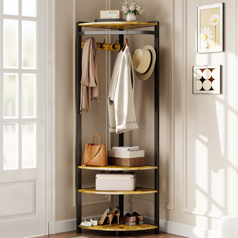 Portemanteau de coin semi-circulaire peu encombrant - 6 crochets doubles, banc à chaussures, 4 tablettes de rangement - organisateur de vestibule autoportant pour couloir, chambre à coucher, vestiaire - brun rustique et noir