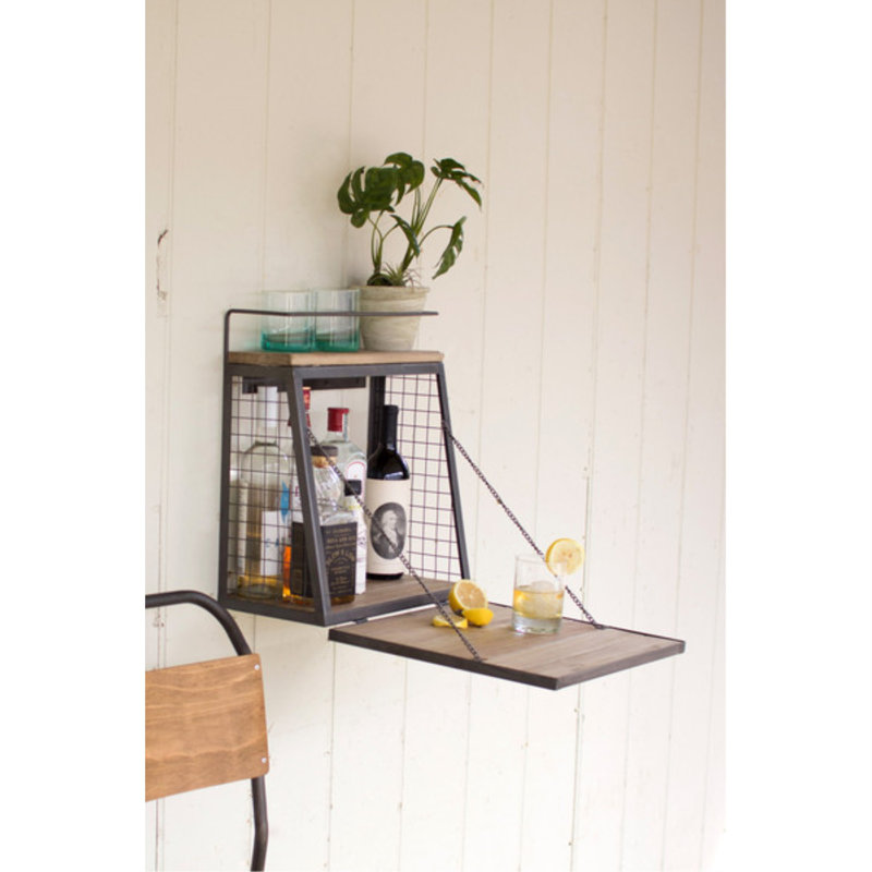 Kalalou Wall Bar with Fold Down Shelf 17.5"H, Industrial Wood and Metal Hanging Cabinet