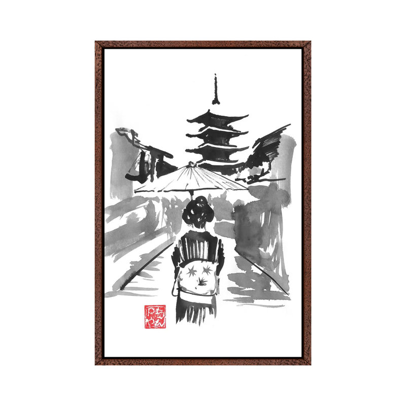 Geisha And Pagoda by Péchane - Painting on Canvas, Classic Brown Wood Framed, 101.6 cm H x 66.04 cm W