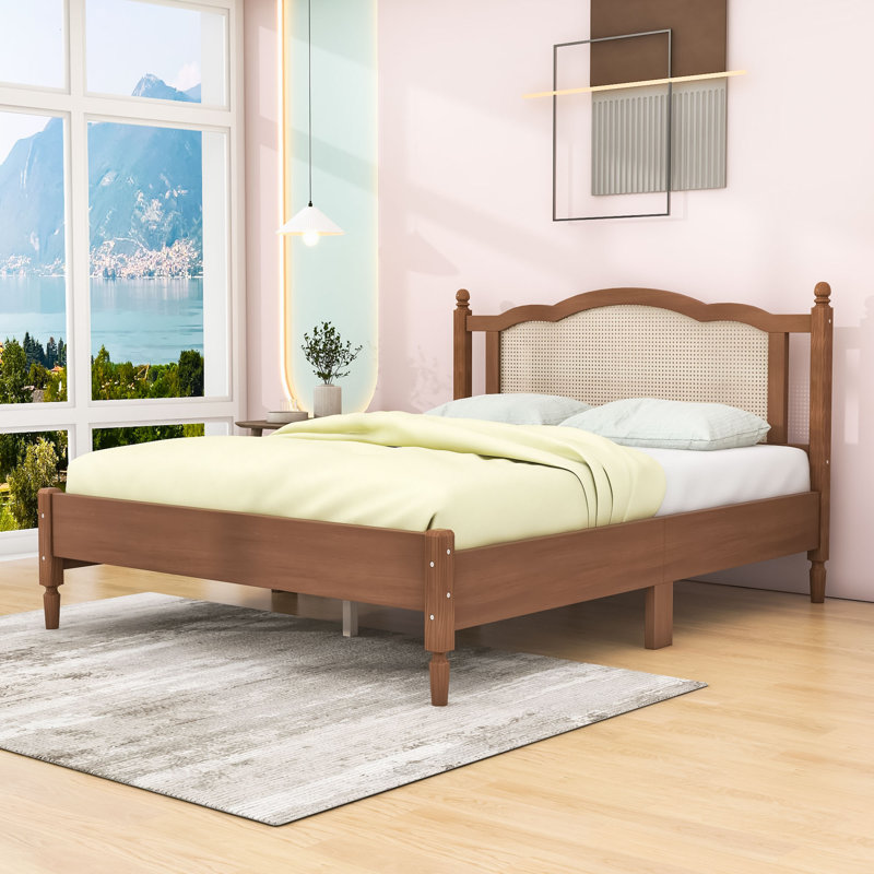 Chatmon Wooden Platform Bed with Natural Rattan Headboard and Slats Support, Walnut, Queen