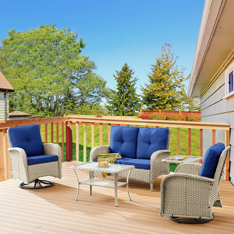 Aluel Wicker 4 - Person Patio Conversation Set with Cushions, Blue, Gray