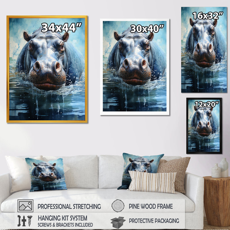 «Grey Powerful Hippo Waters Reflect III - Hippopotamus», art mural, H 44 po x l 34 po x P 1,5 po, Cadre simple noir