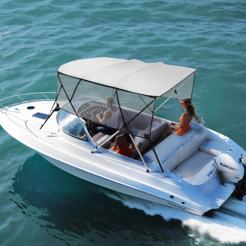 Light Gray 4 Bow Bimini Top Boat Cover with Mesh Sidewalls and Aluminum Frame