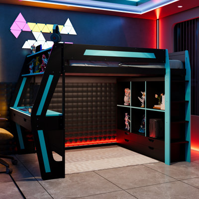 Full Size Gaming Loft Bed with Integrated Desk, Smart RGB LED Lights and USB Ports, Wooden High Bed with 6 Storage Cubbies, 6 Drawers and Safety Staircase, Gamer Bed for Teens and Adults,Black+Blue