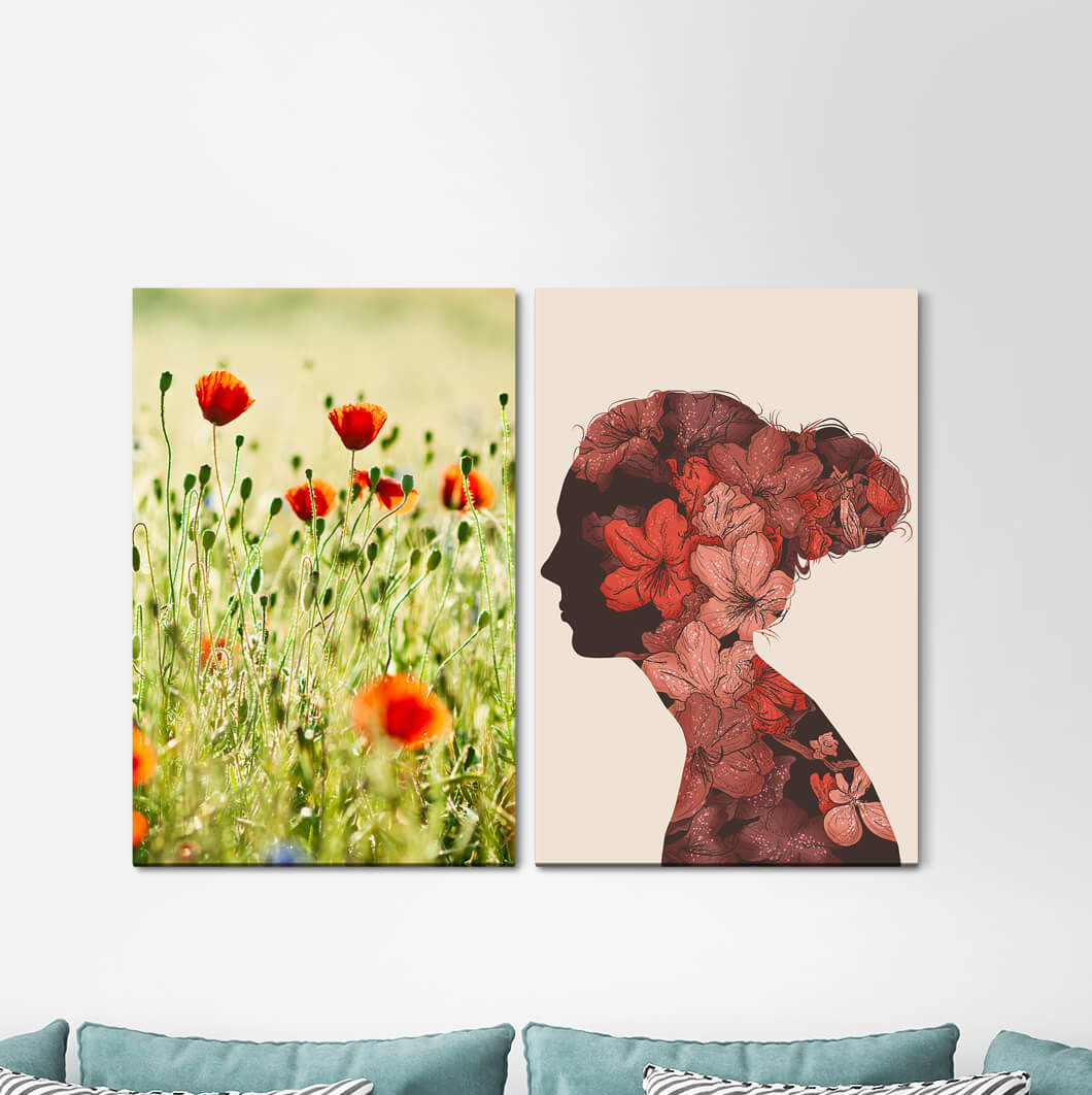 2-tlg. Leinwandbilder-Set - Grafikdruck „Poppy Flower Red Flowers Summer Meadow Summer Nature Young Woman”