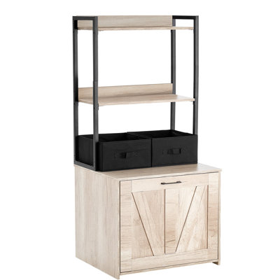 Enceinte de litière pour chat, meuble de litière caché avec 2 tablettes de rangement et 2 paniers, salle de toilette pour chat en bois d'intérieur, armoire pour chat pour la plupart des bacs à litière, L 23,6 po x l 19,7 po x H 50 po, naturel