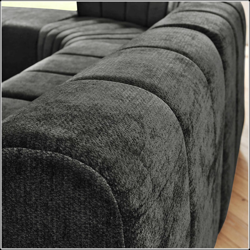 Upholstered 116.5 " Chenille L-Shaped Sectional with Ottoman, Black Chenille