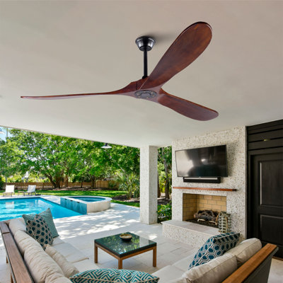 Ventilateur de plafond d'extérieur en bois massif de 72 pouces, à trois pales, sans lumière, finition noyer, adapté aux patios, aux salons, aux chambres et aux porches, avec télécommande