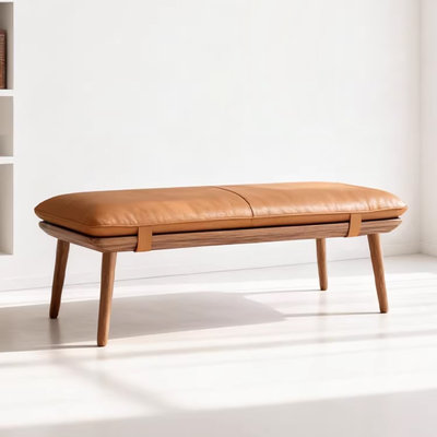 Solid Ash Wood Bench with Removable Top-Grain Leather Cushion