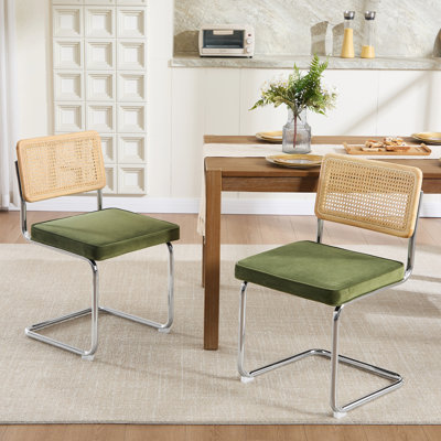 Crumley Cantilever 18.8" H Upholstered Side Chair with Cane Rattan Back and Steel Frame