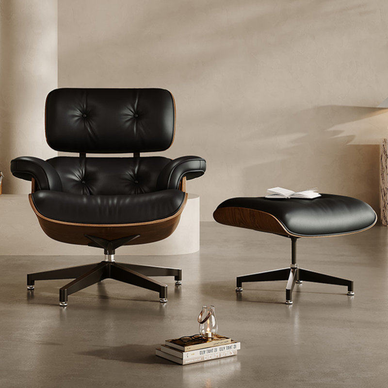 Mid Century Chaise Lounge Chair With Ottoman, Top Grain Leather, Modern Office Chair Classic Design, Heavy Duty Base Support For Living Room Study Lounge Office