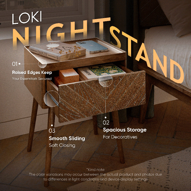 Loki Mid Century Modern Solid Wood Nightstand with Iconic Chevron Front Drawer & Elegant Tapered Legs, Premium Hevea Wooden Bedside Table With Ball Bearing Slide