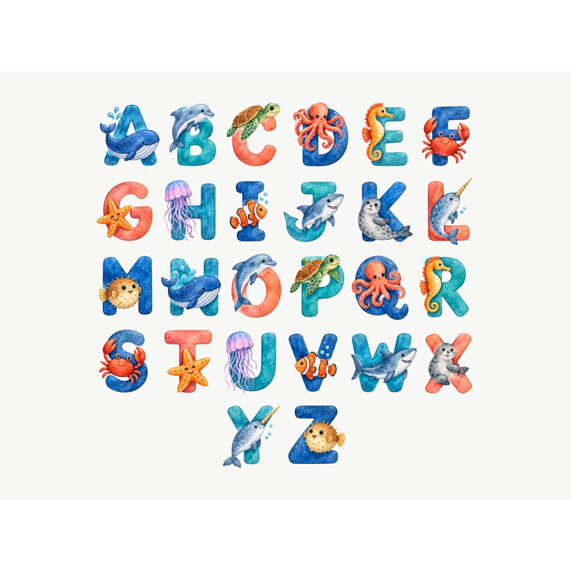 Ocean Animal Alphabet Wall Decals, Set of 26 Educational Peel and Stick Wall Stickers, Classroom Playroom Decor, Kids Learning Wall Art, 20"W x 20"H (50 x 50 cm)