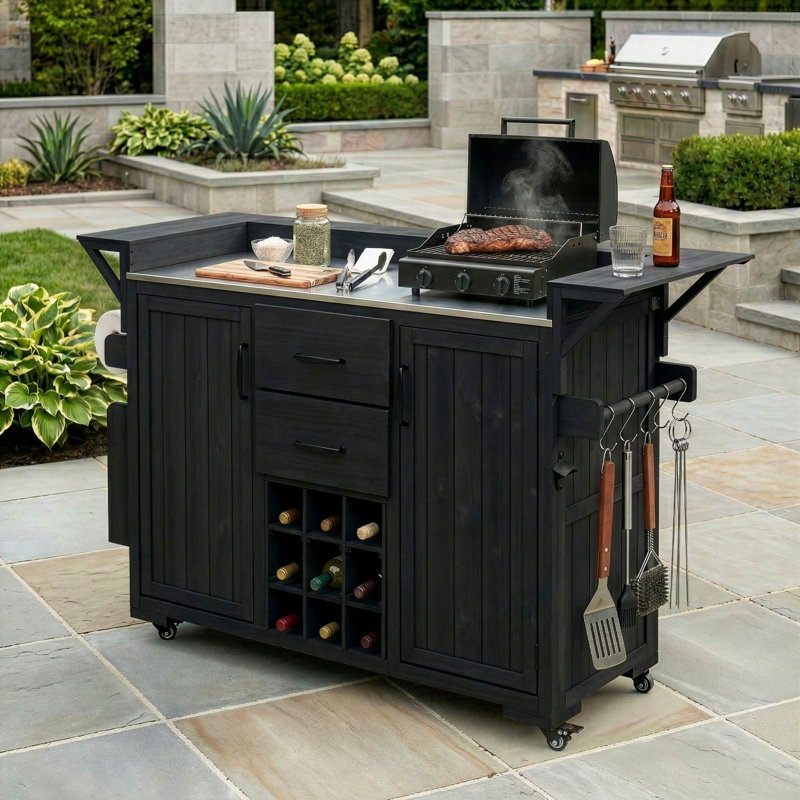 60.2"W Outdoor Kitchen Island with Wheels and Stainless Steel Top, Black