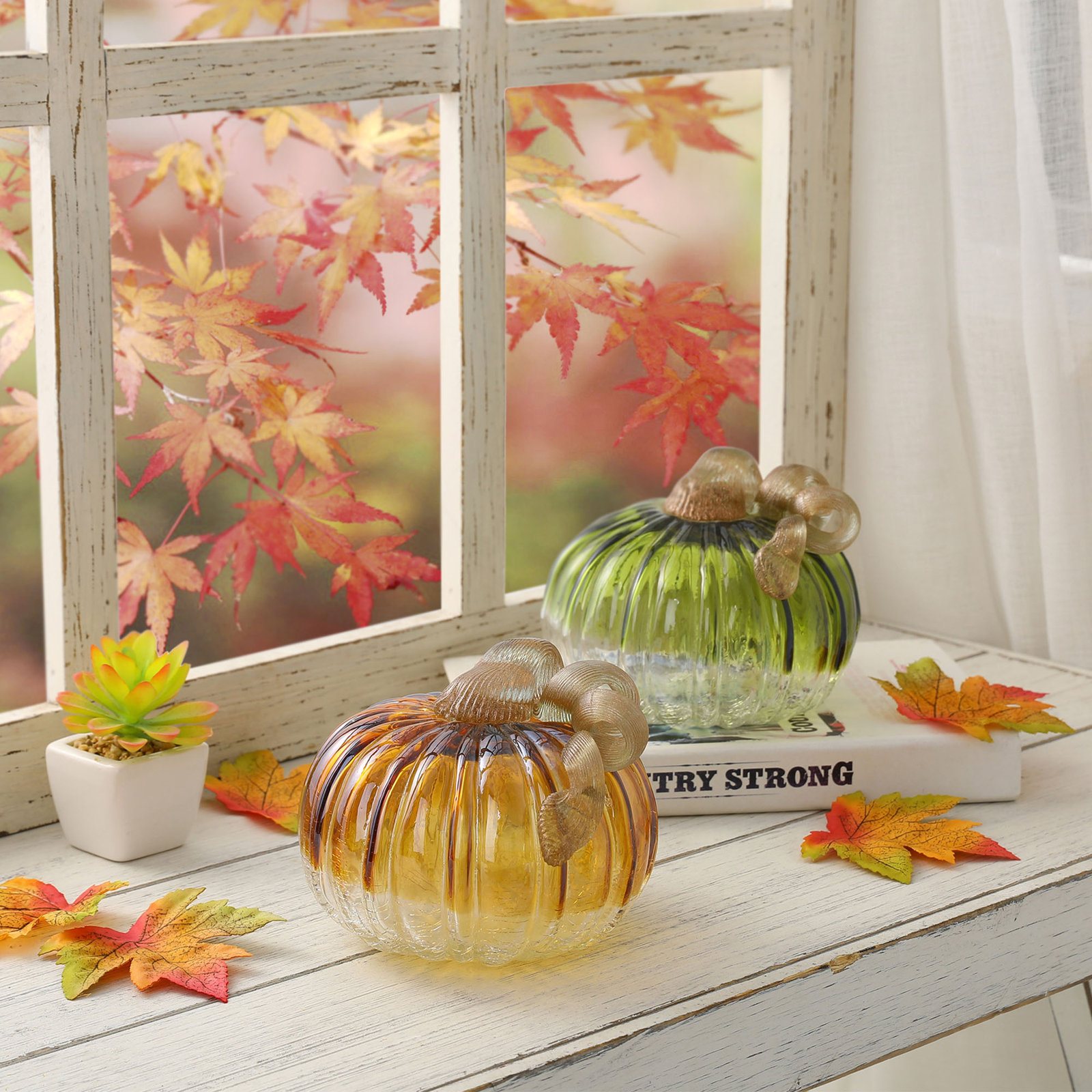 2-Piece Crackle Glass Pumpkin Set, 4.72" H x 5.91" W x 5.91" D, Green/Amber
