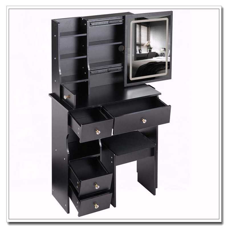 29.2" Small Space Vanity Table with LED Mirror, Power Station, Hair Dryer Bracket and Stool, Black