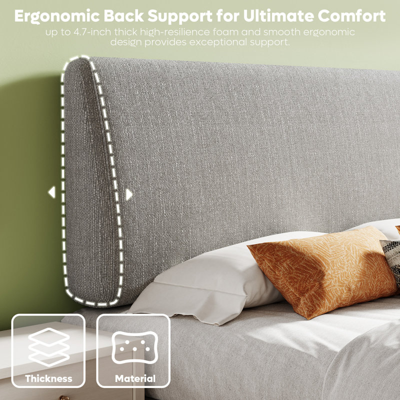 Upholstered Headboard Ergonomic Headboard Suitable for 8-14 Inch Mattress, Gray / Linen, Queen