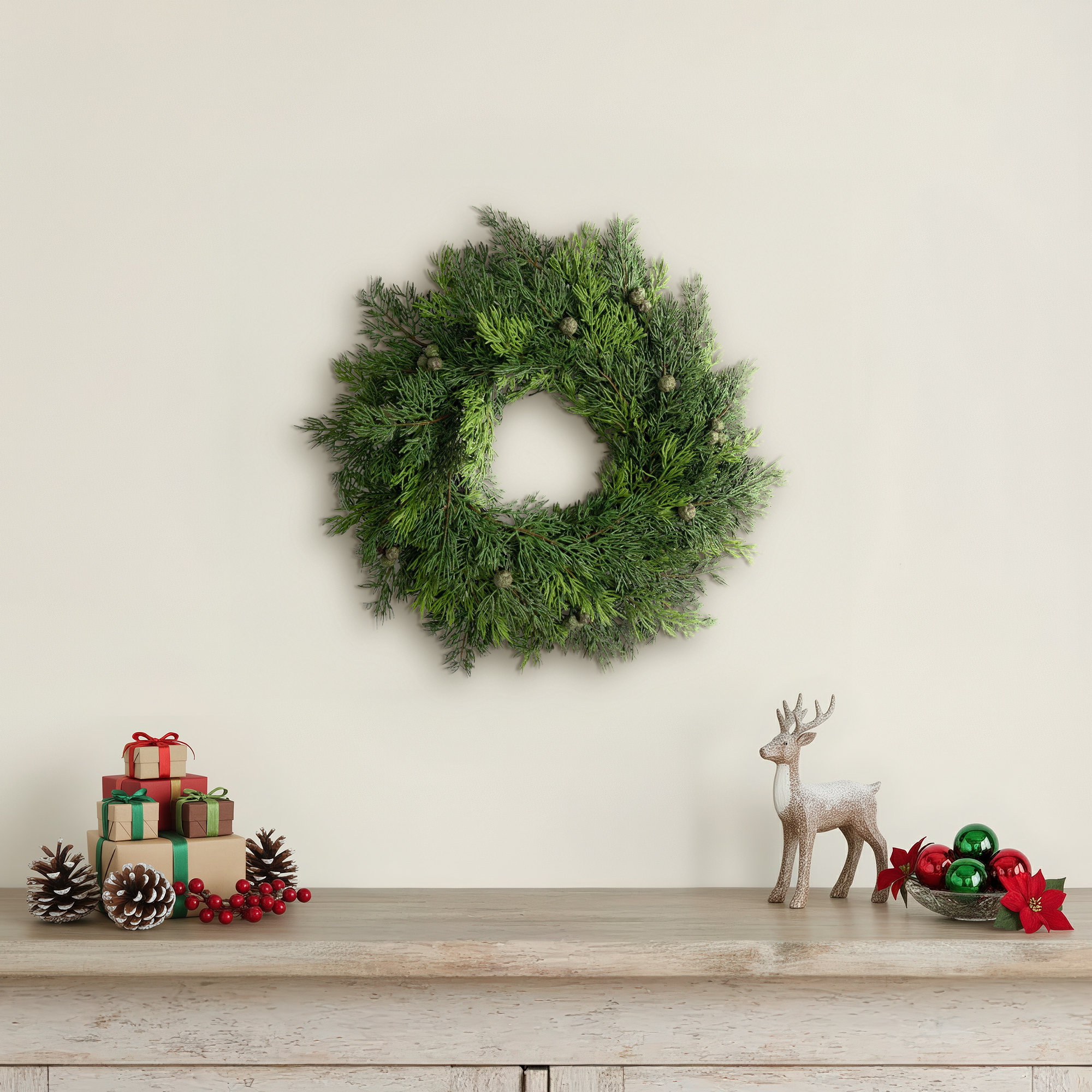 Artificial Pine and Berry Wreath, 19" H x 2.5" W x 19" D
