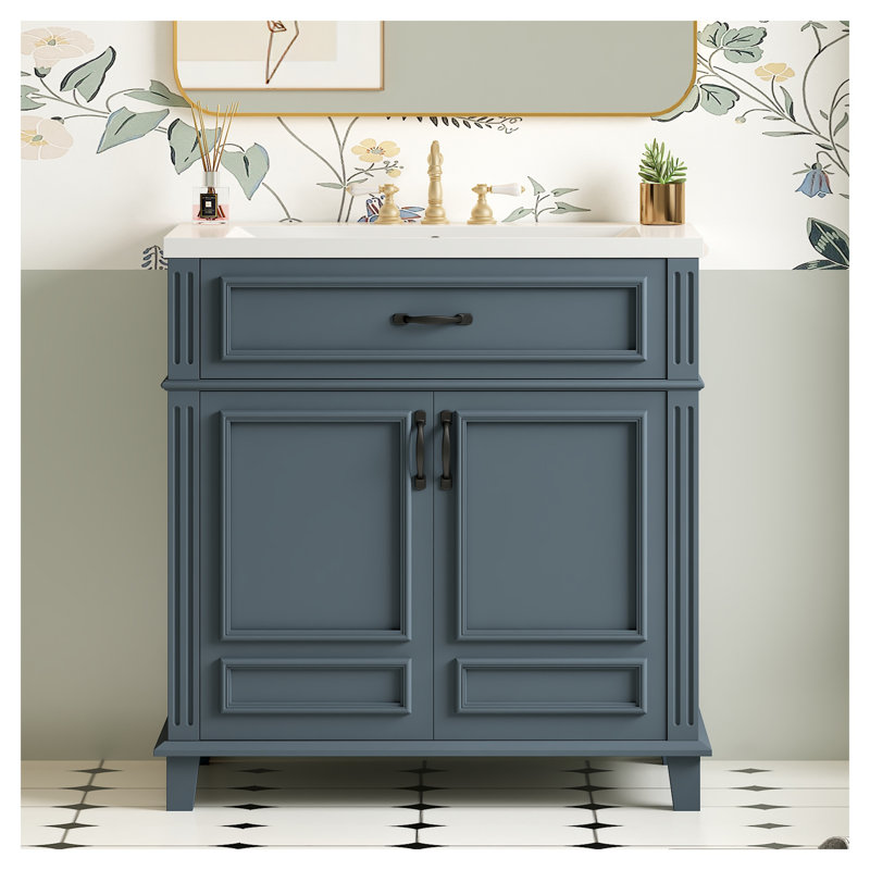 Meuble-lavabo de salle de bain rétro 30 po avec lavabo en céramique et structure en bois massif bleu