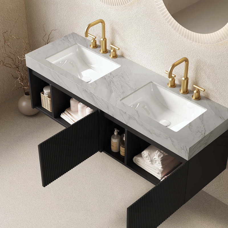 Meuble-lavabo double suspendu avec comptoir en pierre frittée veinée gris Carrara et deux lavabos en céramique, 3 trous pré-percés pour robinetterie