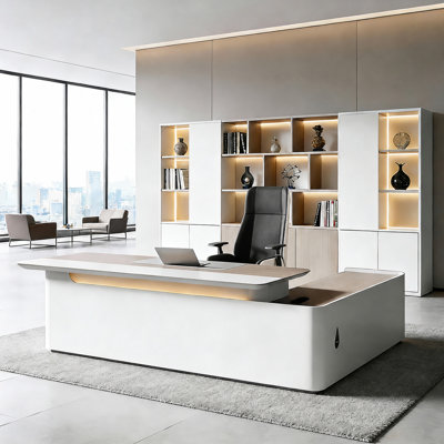 Bureau de direction ergonomique luxueux en L avec rangement intégré, matériaux de haute qualité, éclairage DEL fixe