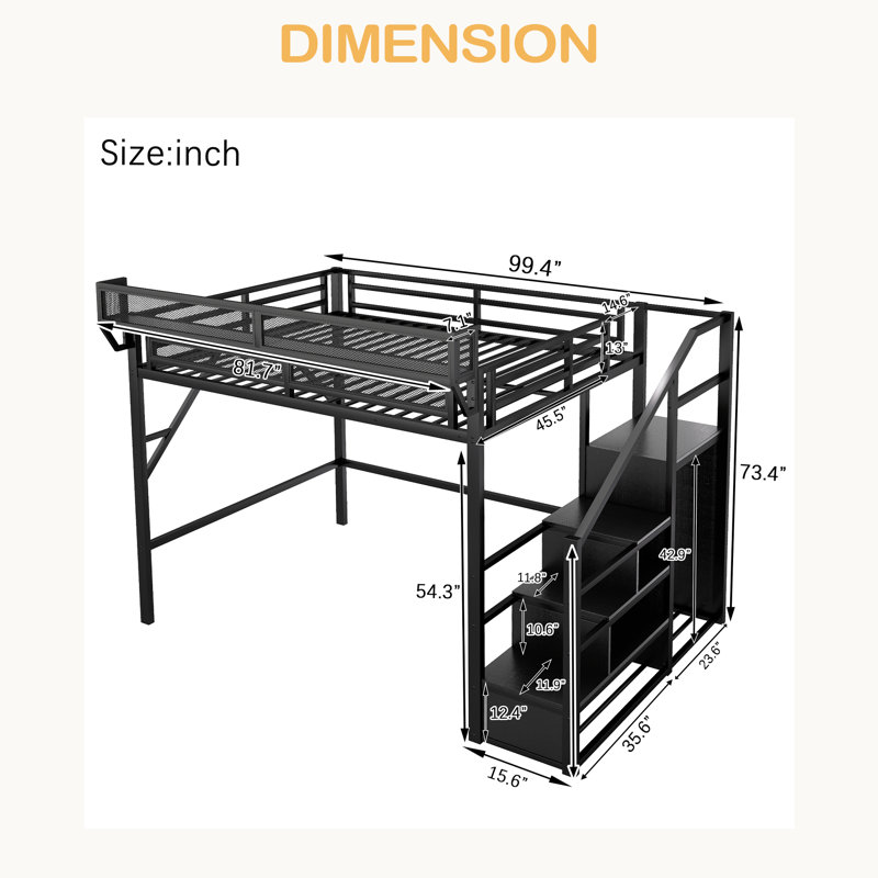 Lit mezzanine double en métal avec tablettes de rangement