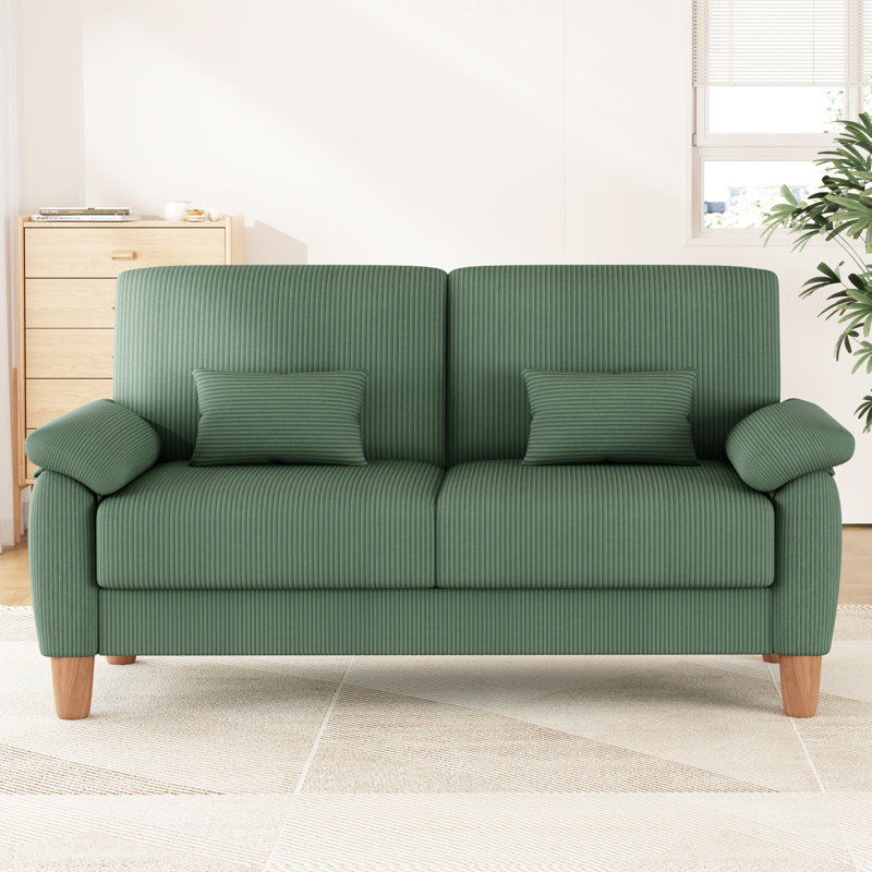 71-inch corduroy 2-seater sofa with solid wood frame, spring seat cushion and two throw pillows-Green, Green