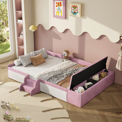 Full Size Velvet Upholstered Daybed with Stairs & Gas Lift Storage Ottoman, Contrast Color, Padded Guardrails, Pink+White