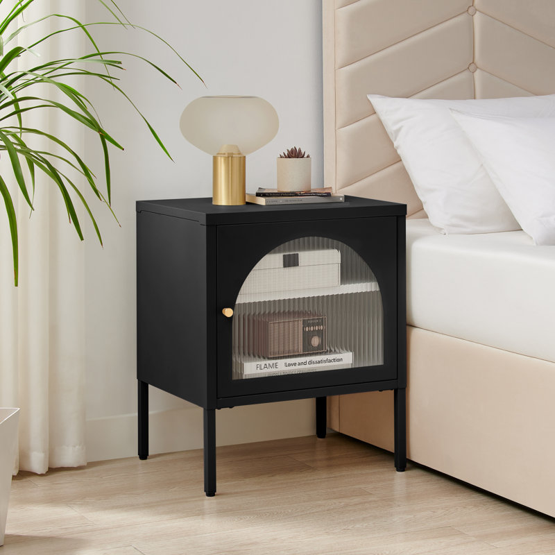 Natela Metal & Glass Single Door Bedside Table - Modern Deco Style, Black