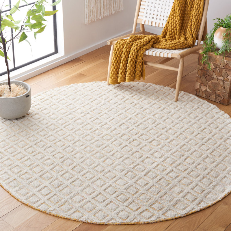 Tapis en laine tissé à la main à motif géométrique ivoire / doré Nystead, Rond 6 pi