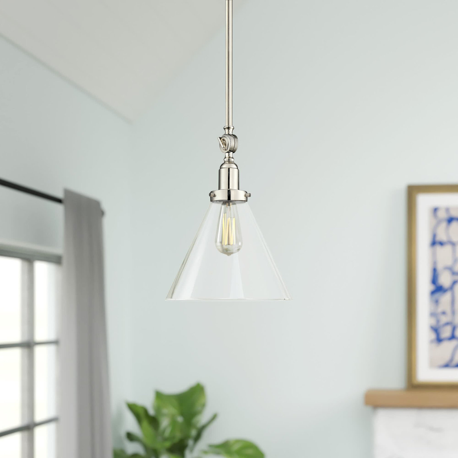 Catalina 1-Light Dimmable Hand Blown Glass Cone Pendant, Polished Nickel