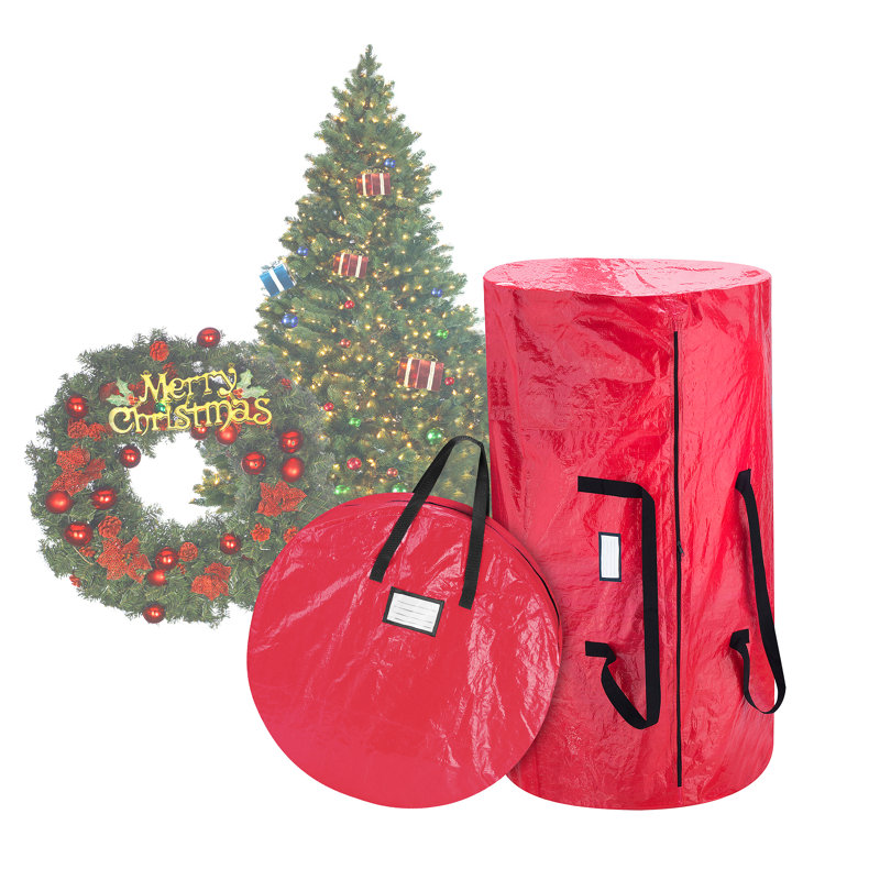 Ensemble de sac de rangement pour arbre de Noël et couronne de fleurs, Rouge