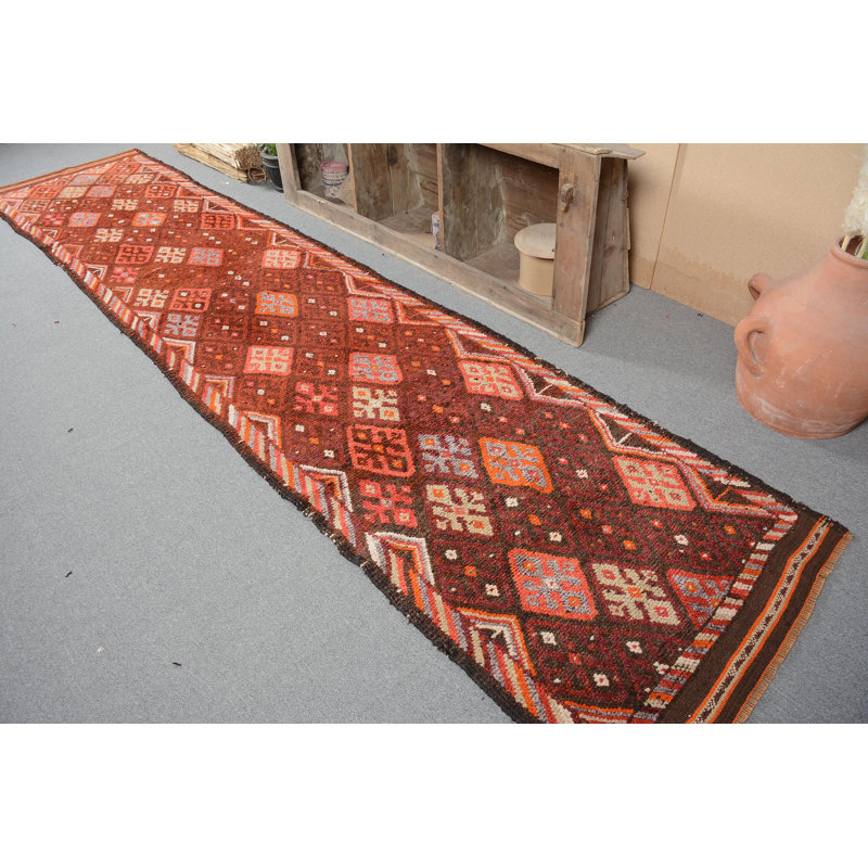 Tapis en laine, tapis de couloir 3,1 x 14,5 pi, tapis tendance, tapis rétro, tapis turcs, tapis de luxe bruns