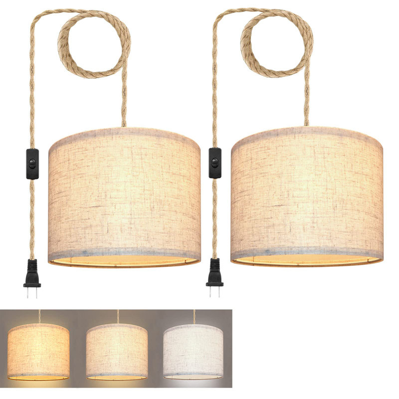 Plug In Pendant Light, Hanging Lights With Plug In Cord, Hanging Lamp With 15Ft Hemp Rope, On/Off Switch, Beige Linen Shade, Light Fixture For Bedroom, Living Room, Dining Table 2 Pack