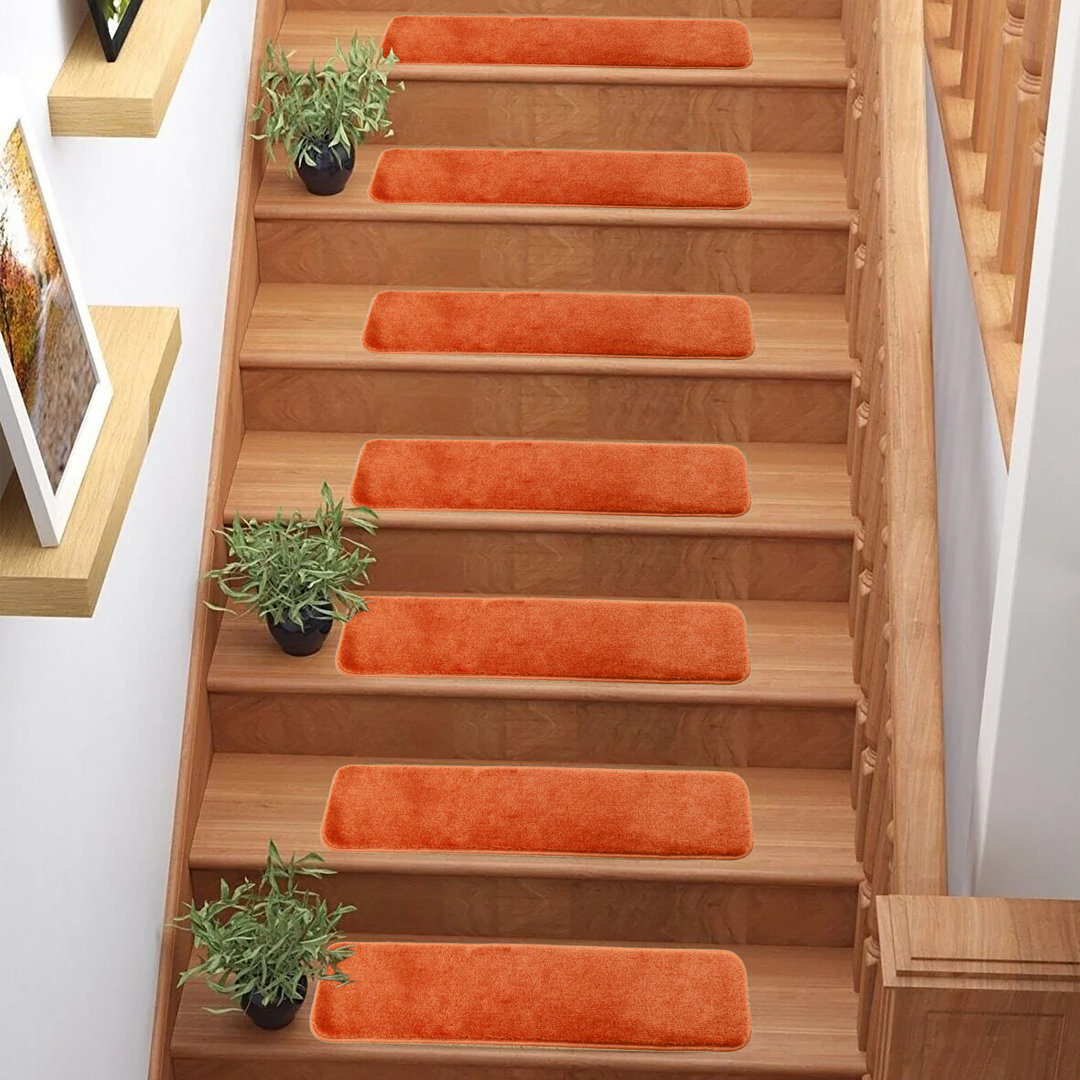 Machine Washable Latex Back Medium Profile Polypropylene/Olefin Material Cut Pile Stair Treads (Set of 15) Latitude Run® Color: Orange