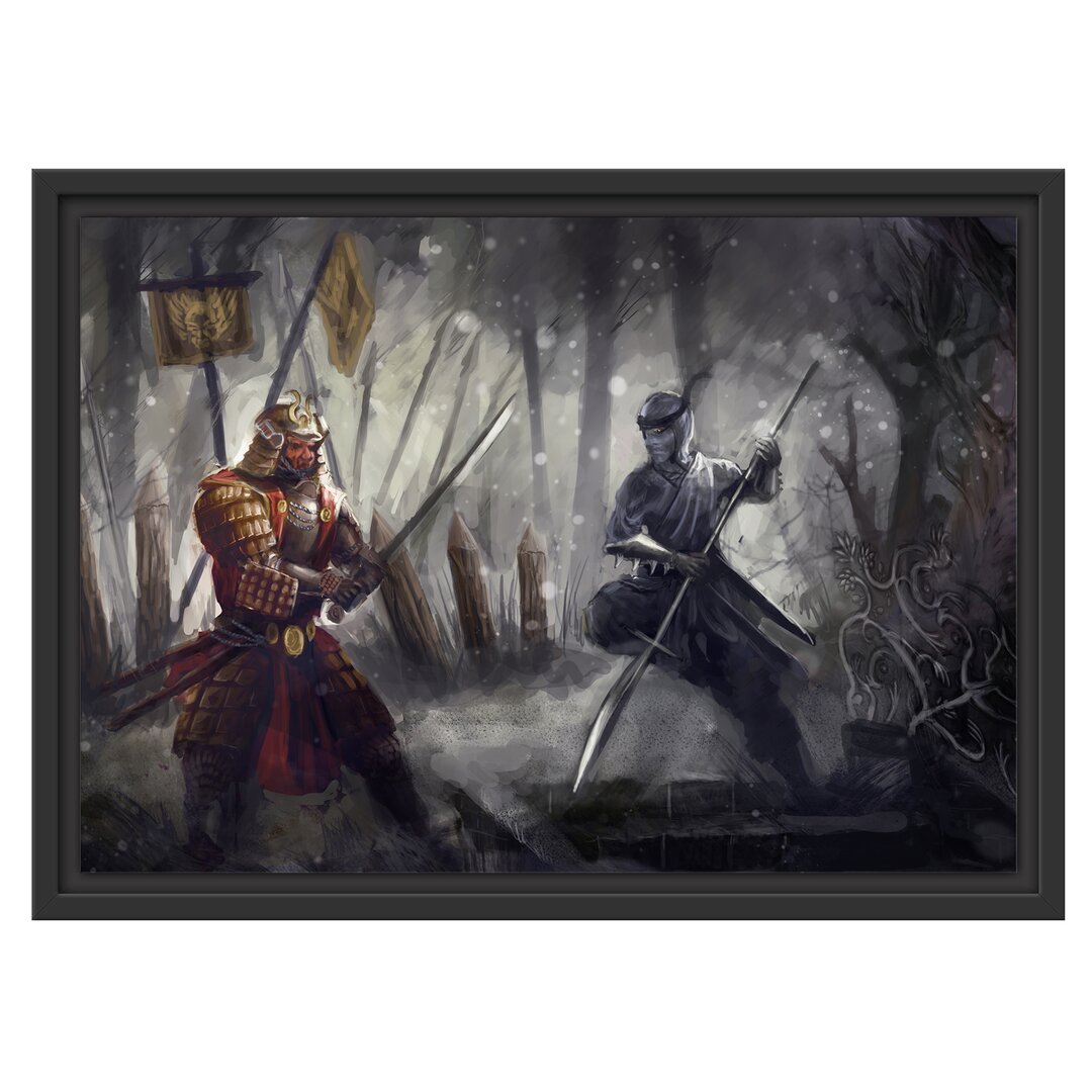 Gerahmtes Wandbild Kampf zwischen Samurai und Ninja