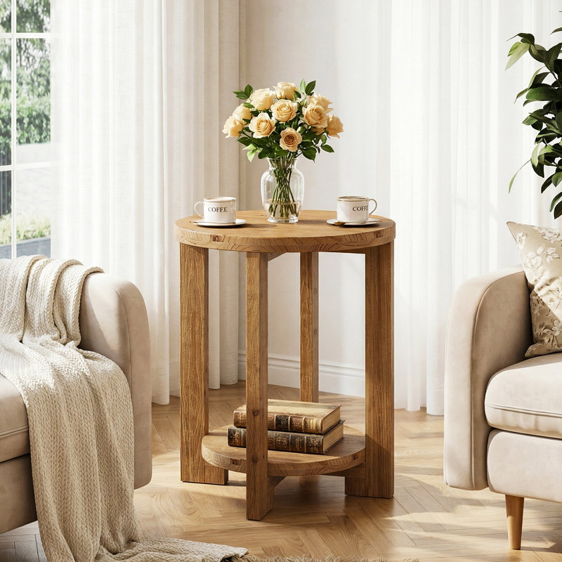 Solid Wood Round End Table,  2-Tier Round Accent Side Table with Storage Shelf, Single