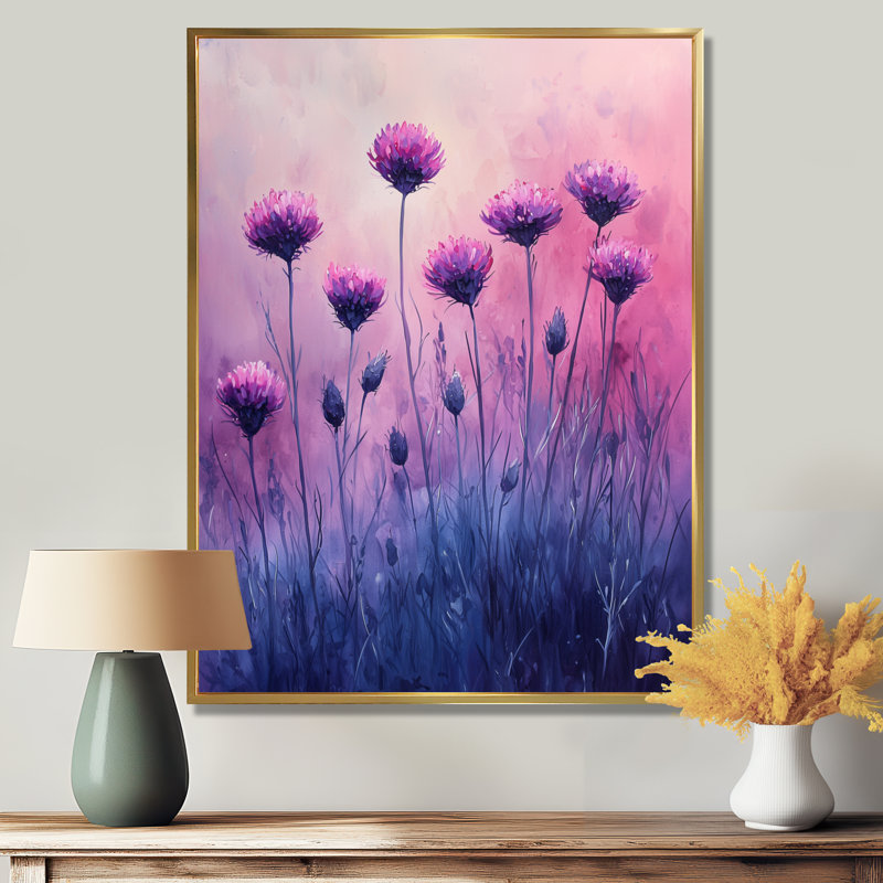 Rêve de champs de bleuet en mauve II - Art mural bleuets, H 32 po x l 24 po, Reproduction encadrée sans passe-partout, Doré