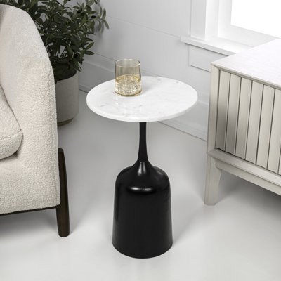 Pip 20.25" Modern Metal Pedestal Drink Table with White Marble Round Top, Antique Black Bell-Shaped Base Accent Table for Living Room