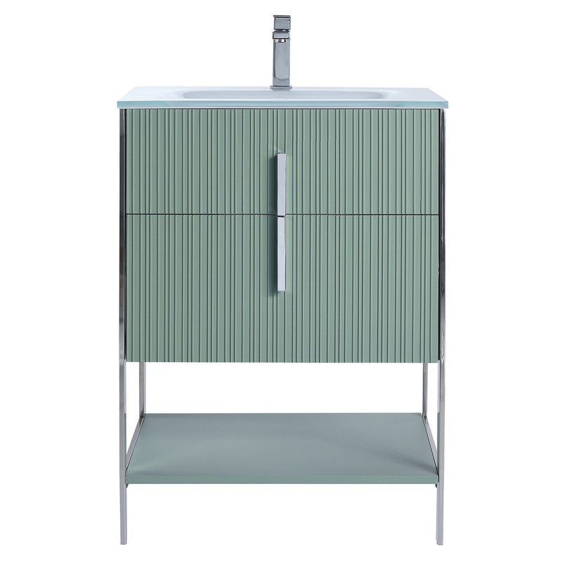 Meuble-lavabo moderne avec plateau en verre blanc Serenity, Vert menthe / chrome, 24"